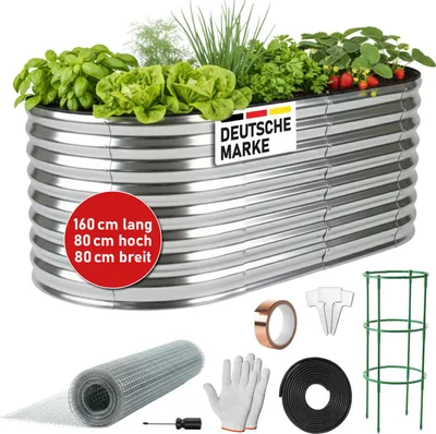Produktbild von BRAST Hochbeet Metall Julia Mini | 160x80x80cm Silber | extra viel Zubehör | Stahl rostfrei & verzinkt | wetterfest ovale Form | für Gemüse Obst Kräuter & Blumen