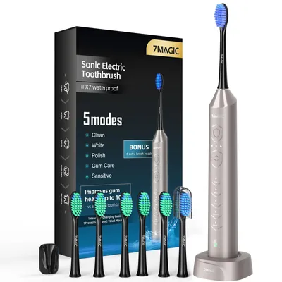 Produktbild von 7MAGIC Elektrische Zahnbürste, Schallzahnbürste mit 60 Tage Akkulaufzeit, 5 Putzmodi Zahnbürste Elektrisch IPX7 Sonic Electric Toothbrush mit 6 Bürstenköpfe, Timer, Dunkelgrau