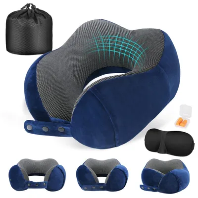 Produktbild von Nackenkissen Reise Memory Foam Blau mit Ohrstöpseln & Augenmaske