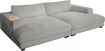 Produktbild von KAWOLA Big Sofa MADELINE mit Holztablett natur für Armlehne Cord hellgrau