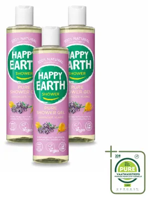 Imagen del producto de 3 unidades de gel de ducha Happy Earth Pure, aroma lavanda e ylang-ylang, 300 ml cada uno. Pack grande