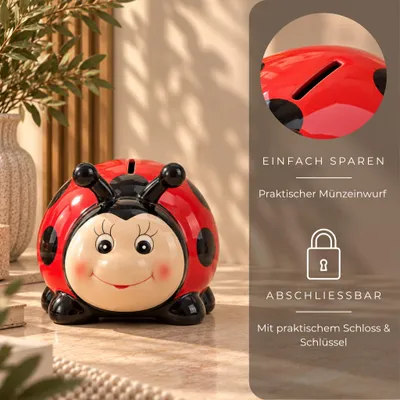 Produktbild von Lustige Spardose Marienkäfer schwarz rot 12 cm mit Schlüssel