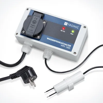 A product shot of a water level regulator device with its accessories.