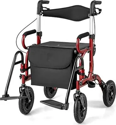 Obrázek produktu pro roller 2 v 1, skládací roller s nastavitelnou výškou, otočná zádová opěrka, terénní pneumatiky, hliníková pomůcka pro chůzi pro seniory se zdravotním postižením