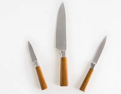 Produktbild von BELIANI Messerset Braun Edelstahl 3-teilig mit Holzblock Küchenmesser handgeschliffen 54 HRC Härte modernes Design
