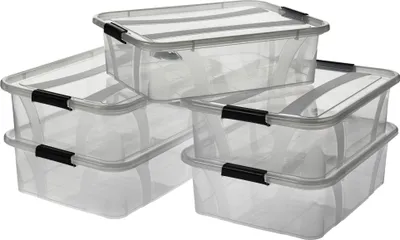 A stack of clear plastic storage boxes with gray lids and black latches.