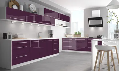 Image de Bloc cuisine, kitchenette, cuisine intégrée 490 cm, blanc / violet pourpre, laqué brillant