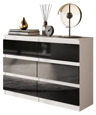 Produktbild von Kommode Weiß Matt / Schwarz Hochglanz mit 6 Schubladen – Modernes Sideboard für Schlafzimmer & Wohnzimmer – Moderne Kommode – GABRIEL