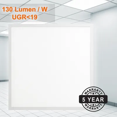 A white LED panel light is shown in a room with a tiled floor and ceiling.