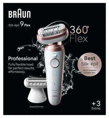 Produktbild von Braun Silk-épil 9 Flex 9-030 3D, Pink, Weiß, 40 Pinzette, MicroGrip, Achsel, Bikini, 0,5 mm, Akku