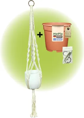Produktbild von MePla - Set - Ampel Makramee Naturbeige - Basel ø13 Weiss + Kulturtopf ø12 + Beipack-Set 21550-001