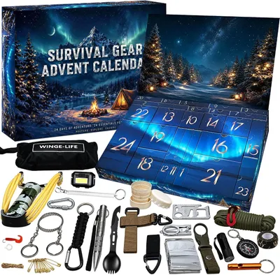 Zdjęcie produktu dla Zestaw survivalowy do kalendarza adwentowego dla mężczyzn - 24 akcesoria outdoorowe do biwakowania, wędrówek i sytuacji awaryjnych