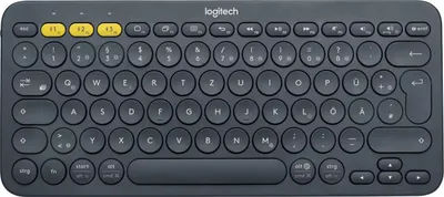 A top-down view of a black Logitech K380 multi-device Bluetooth keyboard.