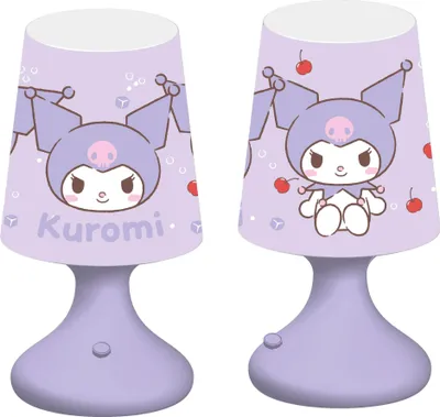 Two views of a purple LED lamp featuring the character Kuromi.
