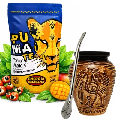 Produktbild von Yerba Mate Tee Set PumaTe Energia Guarana 500g mit Keramik Mate Becher Aztek Honig und Bombilla - Yerba Mate-Tee mit Guarana Pulver