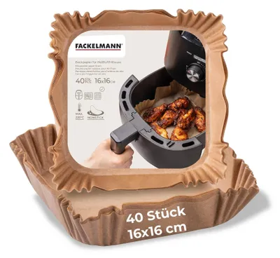 Produktbild von Fackelmann Backpapier für Heißluftfritteuse, 16 cm, eckig, beschichtet, öl- und wasserfest, 40 Stück  Perfekt für fettige Speisen