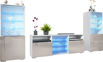 Produktbild von Vladon Wohnwand Granada, Anbauwand bestehend aus 2 Vitrinen und 1 TV-Board, Weiß matt/Sandgrau Hochglanz inkl. LED-Beleuchtung (286 x 122,5 x 35 cm)