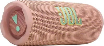A pink JBL Flip speaker with a green JBL logo.