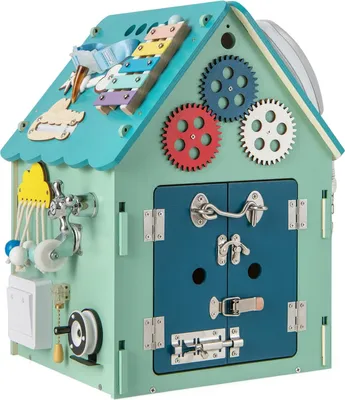 A wooden activity house for children, featuring various sensory and fine motor skill activities.