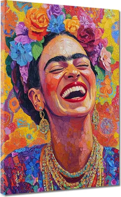 Produktbild von Strahlende Frida mit Blumen Pop Art bunt Leinwandbild Wandbild Wanddeko: 90x120x4cm