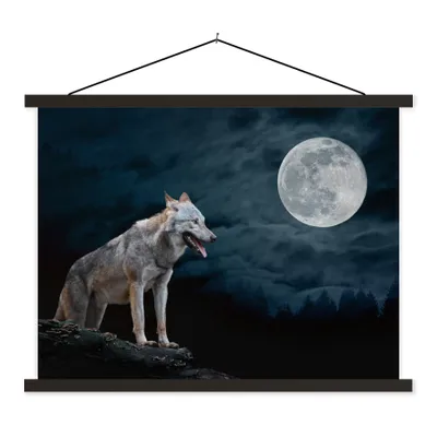 Produktbild von MuchoWow® Textilposter Wolf - Mond - Nacht - Tiere - Porträt 150x113 cm mit schwarzem Rahmen - Wohnzimmer