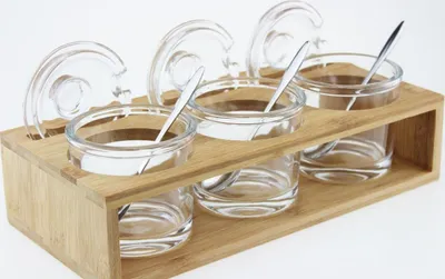 Obrázek produktu pro 3 sklenice na koření s dřevěným rámečkem a lžičkami Sklenice na koření Sada sklenic na džem Sklenice na med Sklenice na cukr Sklenice na sůl Sklenice na uskladnění potravin