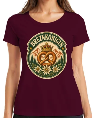 Produktbild von Breznkönigin Brezel Krone Alpen Edelweiß Bayern Lederhose Dirndl Damen T-Shirt, Burgundy, L
