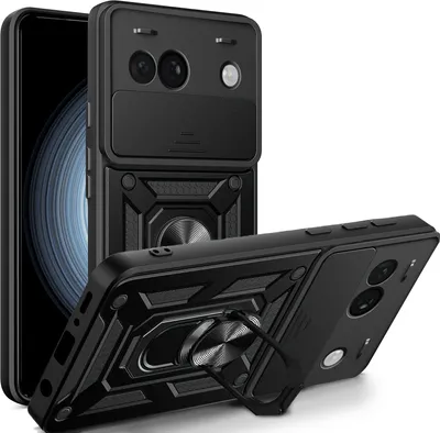 A black phone case with a camera cover and ring holder is shown from multiple angles.