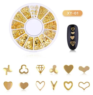 Produktbild von Schachtel Strasssteine für Nagelkunst, 3D-Nageldekorationen, Nagelperlen in verschiedenen Größen, Glitzer-Strasssteine, goldene Metall-Hohlnieten, Nagelkunst-Accessoires mit Stern-, Mond- und Sonnenmotiven für DIY-Nageldesign