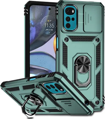 Image de Etui pour Motorola Moto G22 2022 étui double couche avec couvercle coulissant pour l'appareil photo et anneau de support vert