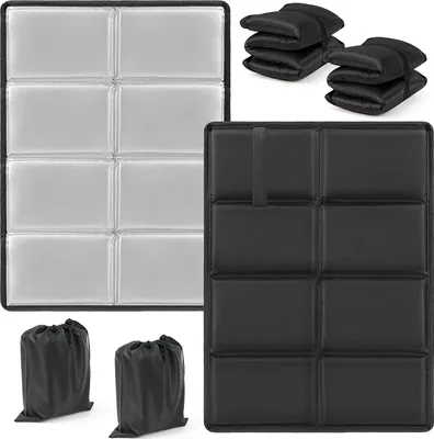 Two different colored outdoor seat cushions are displayed, one silver and one black, along with two black drawstring bags.