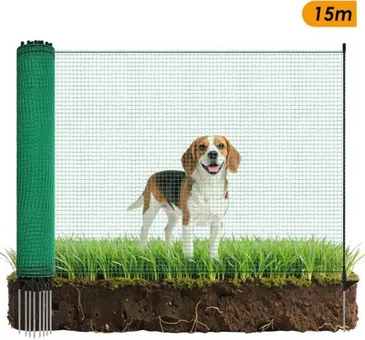 Obrázok produktu pre Zelená drôtená ohrada pre zvieratá 115 x 1500 cm – s kolíkmi a izolovanými svorkami – flexibilný výbeh pre sliepky alebo králiky