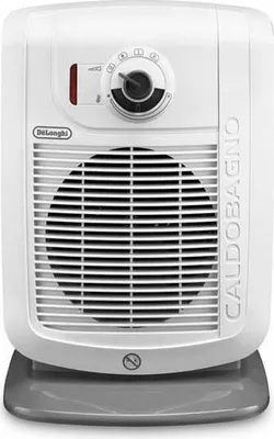 A white De'Longhi heater with a gray base, shown from the front.