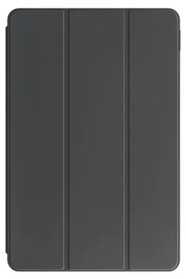 A dark gray tablet case with three vertical folds is shown flat against a gray background.