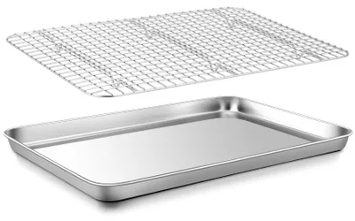 Immagine prodotto di Omgoods - Teglia da forno in acciaio inossidabile con griglia di raffreddamento - 40 x 30 x 2,5 cm