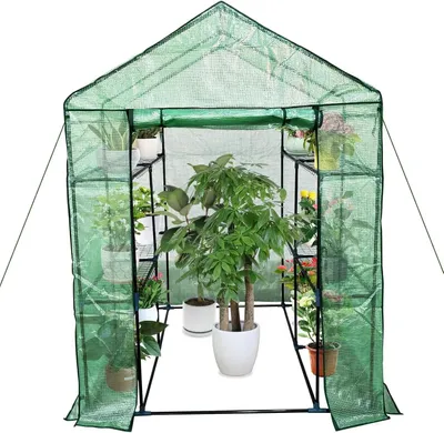 Image de Serre accessible - Film PE - Étagères à 3 niveaux - Porte à fermeture éclair enroulable - Imperméable - Protection UV - 143 x 216 x 195 cm - Vert