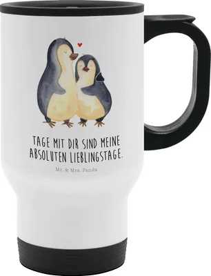 Produktbild von Mr. & Mrs. Panda Thermobecher Pinguin umarmen - Weiß - Geschenk, Hochzeitstag, To Go, Kaffeebecher, Liebe, Hochzeit, Hochzeitsgeschenk, Mehrwegbecher, thermosbecher