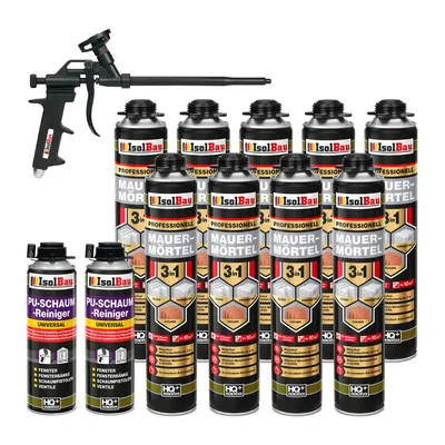 Produktbild von Isolbau Mauermörtel Pistolenschaum SET - Teflon Schaumpistole, 2 x PolyurethanReiniger Montageschaum Klebeschaum PolyurethanMörtel 9 x 750ml