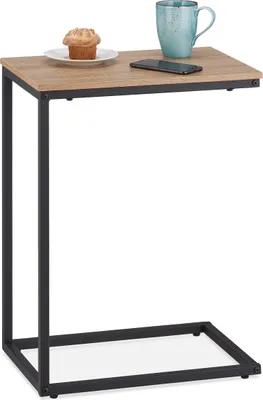 Produktbild von Relaxdays Beistelltisch in C-Form, HBT 60 x 30 x 45 cm, Sesseltisch zum Unterschieben, Metall & Holzoptik, schwarz/braun