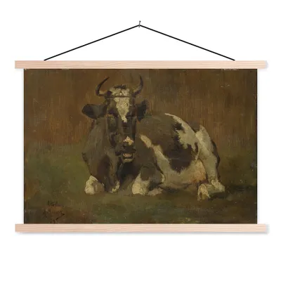 Produktbild von MuchoWow® Textilposter Kuh liegend - Gemälde von Anton Mauve 120x80 cm mit holzfarbenen Rahmen - Aufhängeset