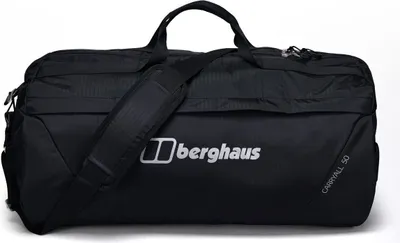 Schwarze Reisetasche "Carryall Mule 50" von Berghaus mit Schultergurt und Reißverschluss.