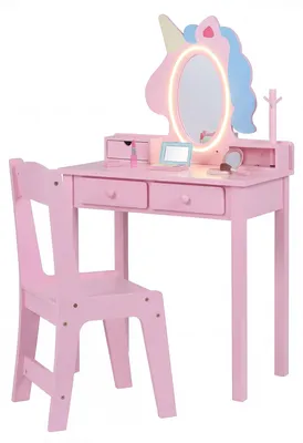 Produktbild von COSTWAY Kinder Schminktisch, 2 in 1 Frisiertisch mit Beleuchtung & 2 Lichtfarben, Kinderschminktisch mit Spiegel, Schmuckhalter & Schubladen, Rosa