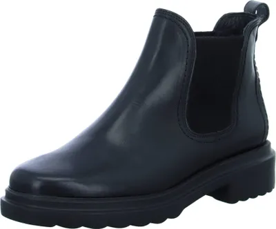 A black Chelsea boot on a white background.