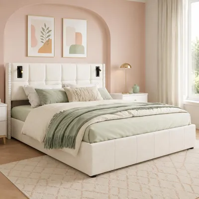 Image de Lit rembourré INONEFT 160x200 cm avec LED et port USB de type C, lit à lattes avec coffre de rangement intégré, lit double pour jeunes avec espace de rangement, revêtement en velours beige