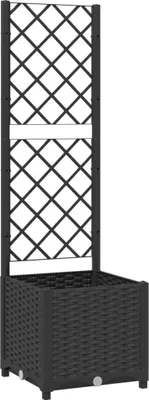 A black planter with a trellis attached.