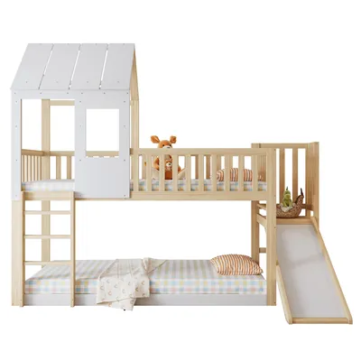 Produktbild von Etagenbett, 90x200 cm, Kinderbett mit 2 Liegeflächen, Lattenrost, Rutsche und Leiter, Hausbett aus Kiefer, Hochbett inkl. Rausfallschutz