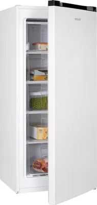 A white upright freezer with its door open, showing multiple transparent drawers stocked with food items like packaged meals and frozen vegetables.