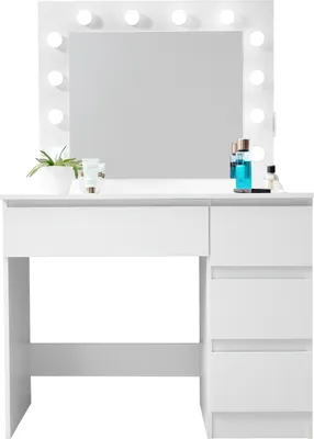 A white vanity table with a mirror and lights, displaying some cosmetic products.