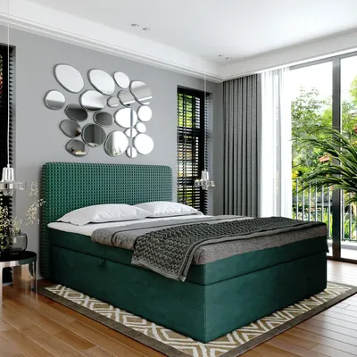 Produktbild von Boxspringbett Doppelbett SUZI  - Bett mit Bonellmatratze, mit Bettkasten f r Bettw sche und Topper. Gepolstertes Kopfteil mit Einer Eleganten Weichen Kissendesign (grun, 180x200)