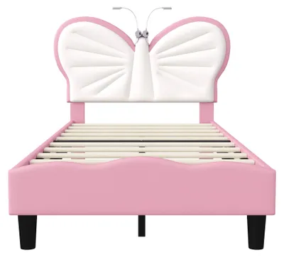 Obrázek produktu pro Postel Moonbite Schmetterlingsbett, rozměry 90x190 cm, růžová, s LED lampičkami, výškově nastavitelná čalouněná čelo z veluru, kompaktní provedení vhodné do malých pokojů